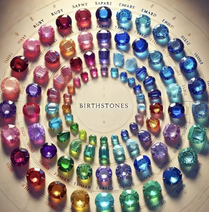 각 달에 해당하는 탄생석이 원형으로 배치된 모습. 각 보석은 루비, 사파이어, 에메랄드 등 다양한 색감과 광채를 가지고 있으며, 해당 월의 이름이 표시되어 있다. 부드러운 조명 아래 보석의 빛남과 상징적 의미가 강조된 장면이다.