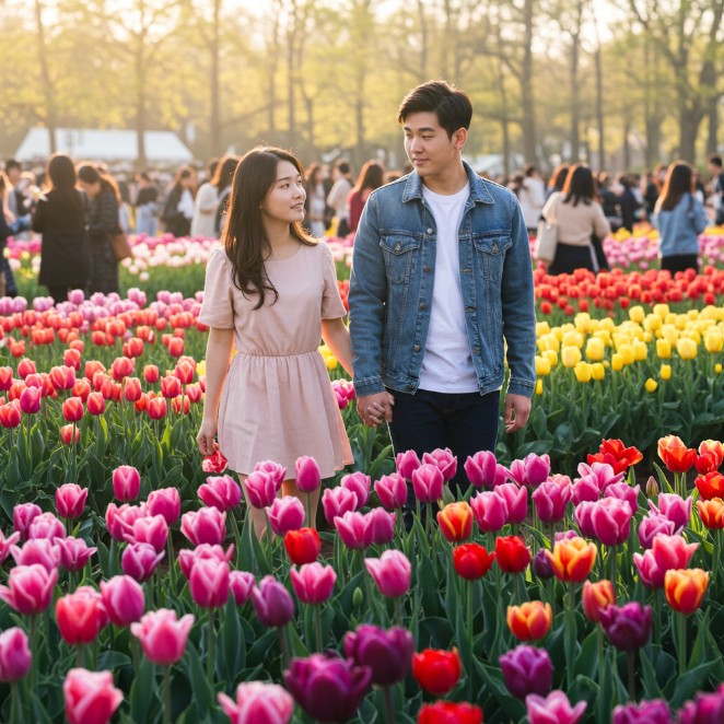 튤립 축제에서 사진을 찍고 있는 연인의 이미지