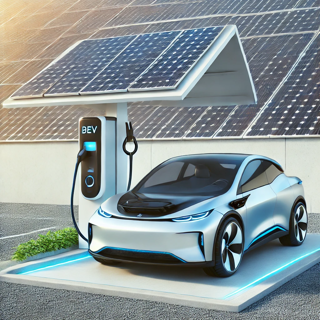 미래적인 디자인의 전기차가 태양광 패널이 장착된 충전소에서 충전 중인 장면.