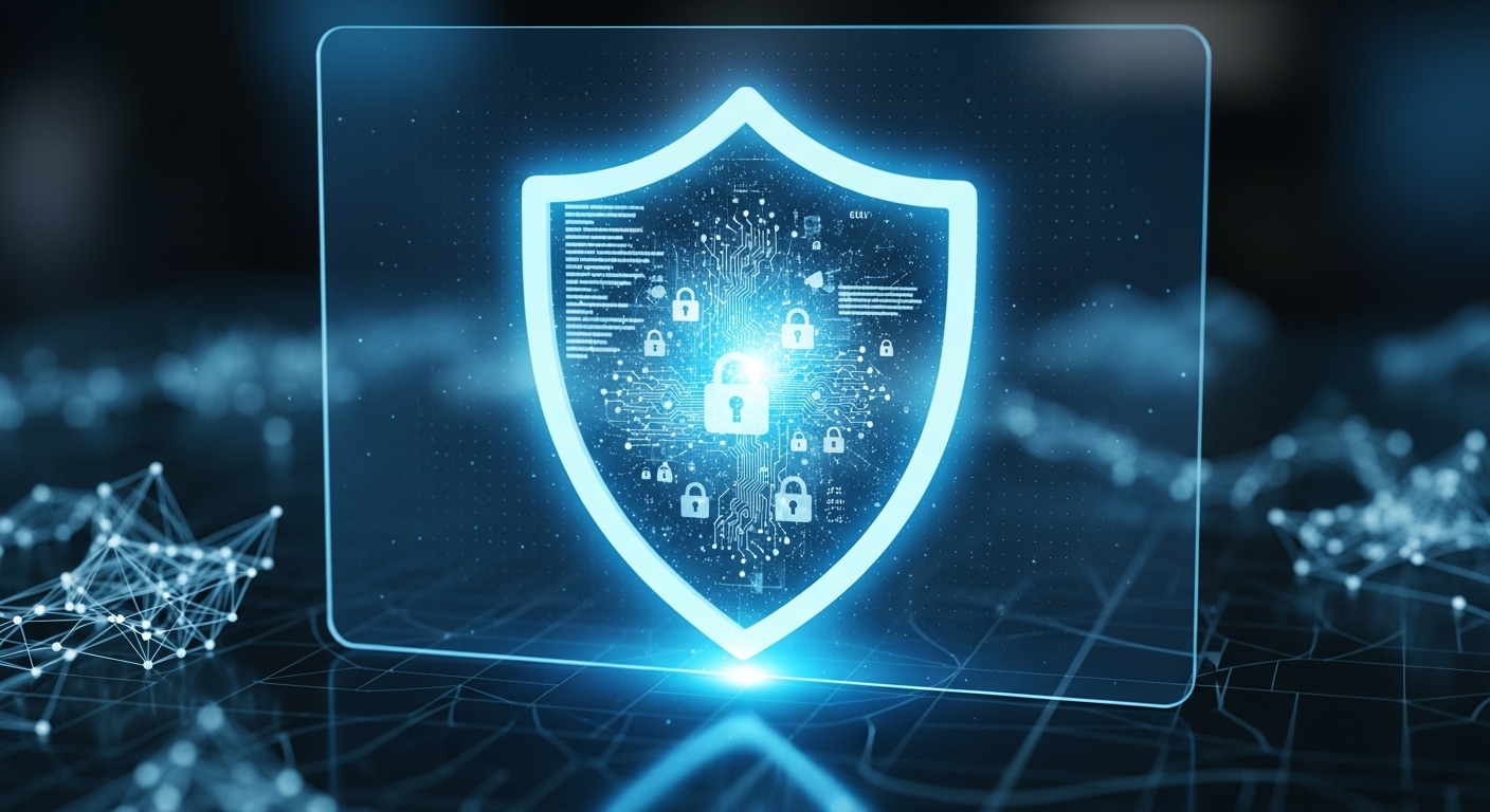 홀로그램 화면 위에서 데이터 요소를 보호하는 디지털 방패 아이콘, AI 시대의 데이터 보안과 개인정보 보호를 상징