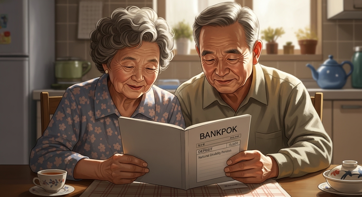 국민연금공단 로고가 찍힌 통장을 보며 안도하는 표정을 짓는 노부부 세미리얼 일러스트