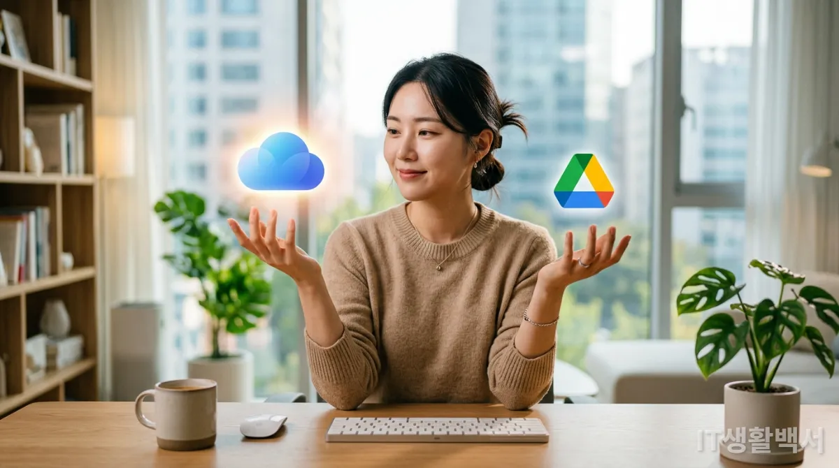 두 클라우드 서비스 아이콘 중 하나를 선택하는 사람의 손