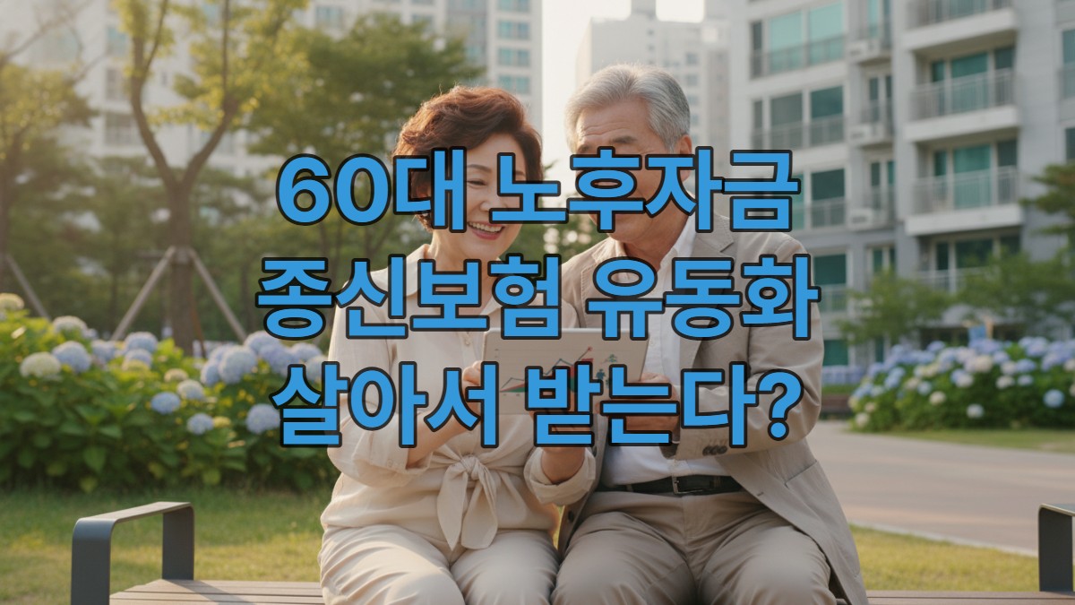 60대 한국인 부부가 태블릿으로 종신보험 유동화 정보를 확인하며 노후를 계획하는 모습