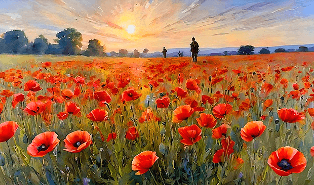 넓은 들에 빨간 양귀비꽃들이 가득 피어있다. 해가 지려는 순간이다.