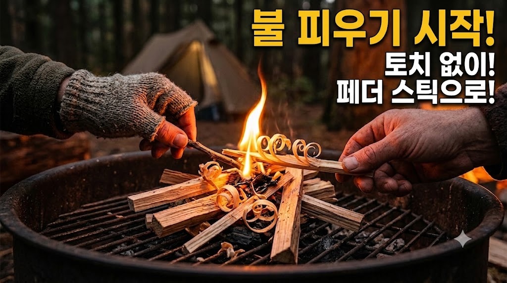 캠핑 화로대 위에서 페더스틱과 착화제를 활용해 토치 없이 불을 피우는 모습