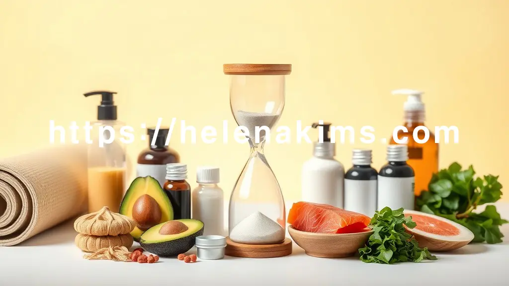 배경에 시간의 흐름을 상징하는 작은 모래시계가 놓여 있고, 그 주위로 **다양한 탈모 관리 도구(약병, 샴푸, 두피 앰플)와 건강한 모발에 좋은 음식 재료(아보카도, 연어, 녹색 잎채소)**들이 정갈하게 배치되어 있다.