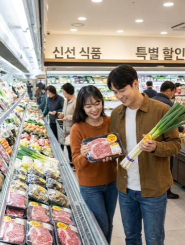 대형마트 신선식품 코너에서 할인 스티커가 붙은 한우와 채소를 고르는 활기찬 모습