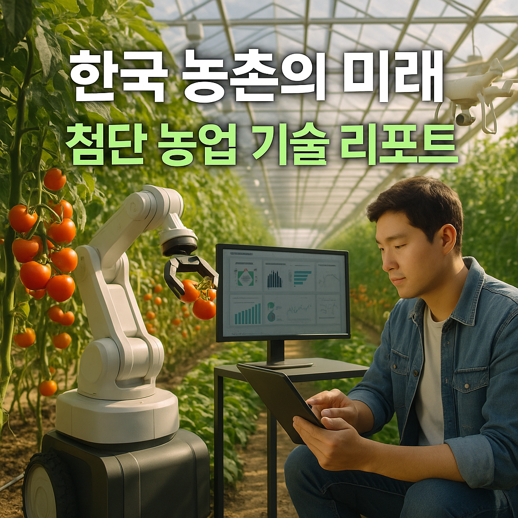 로봇이 토마토를 수확하고 청년 농부가 데이터를 확인하는 스마트팜