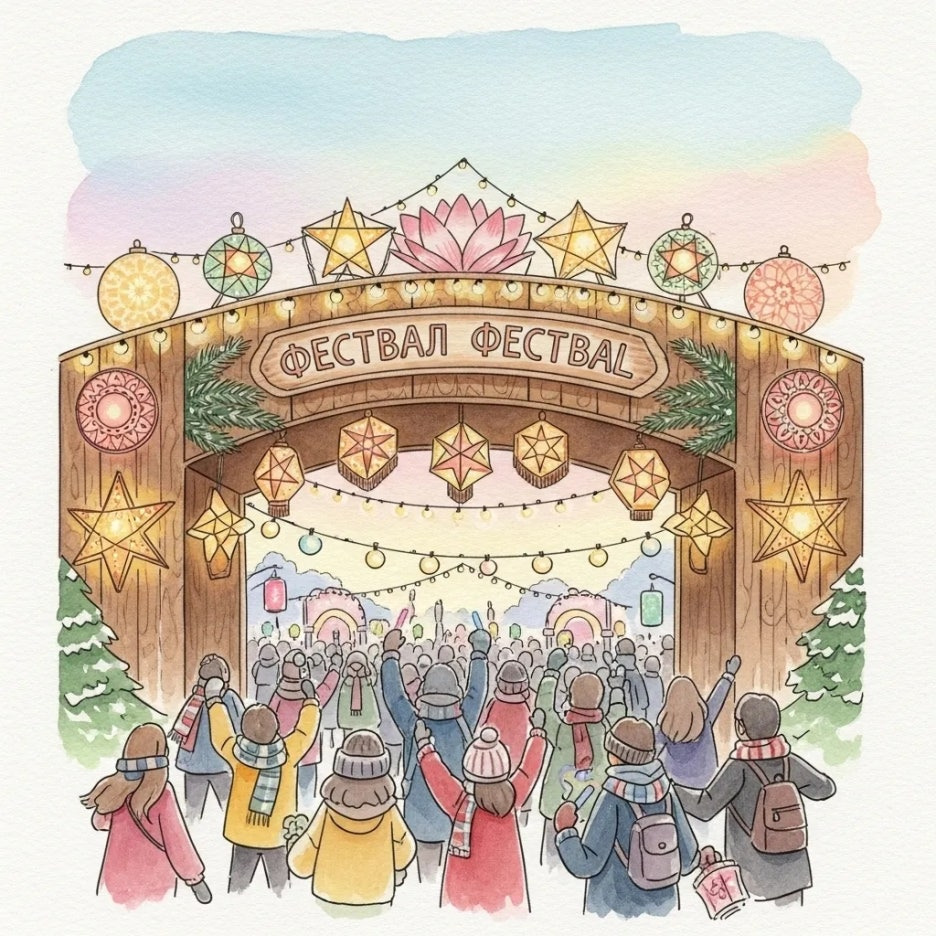 축제 입구에서 설레는 발걸음의 사람들