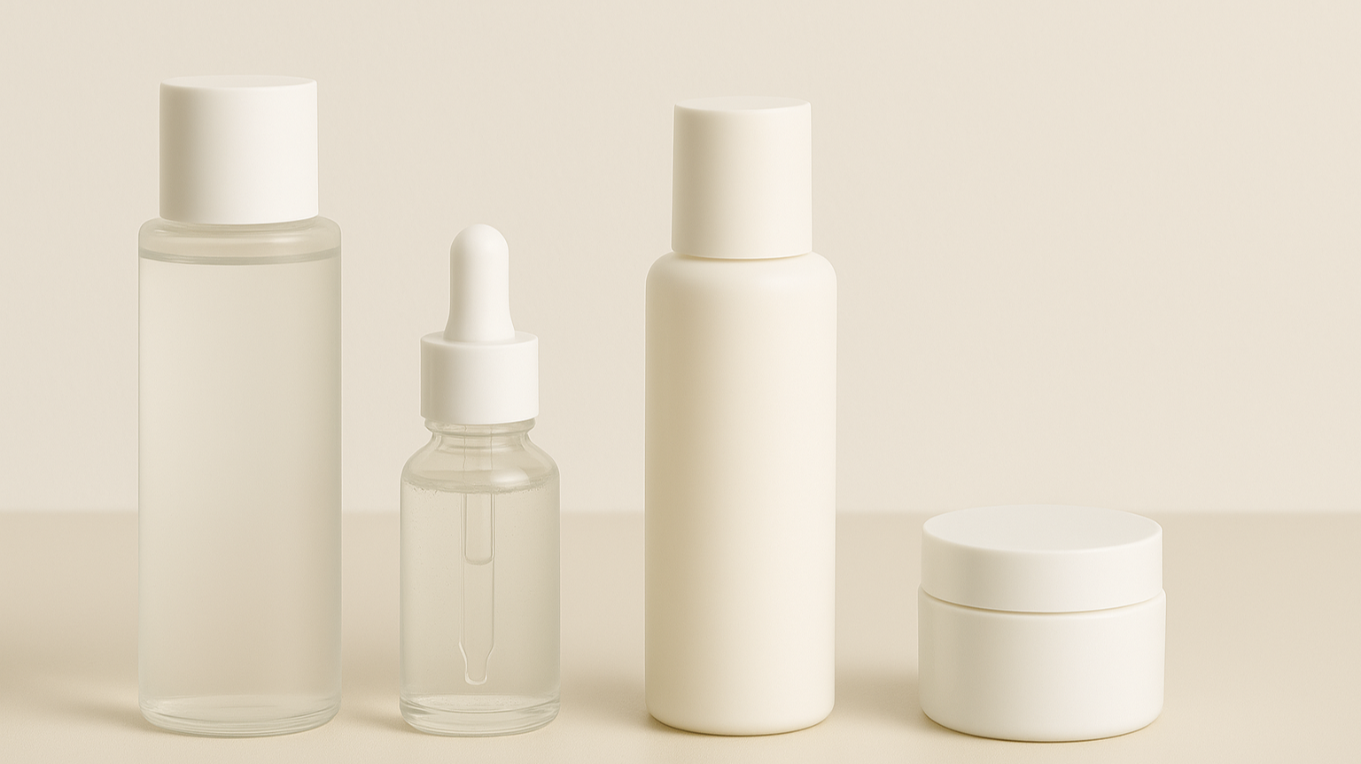 테이블에 스킨 에센스 로션 크림이 순서대로 놓여져 있는 이미지