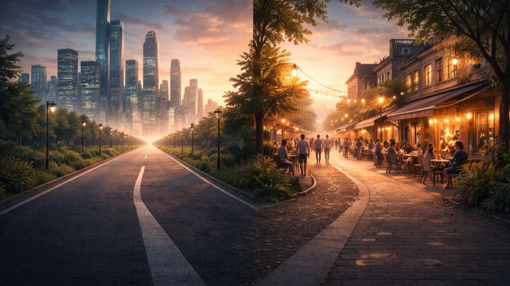 한 갈림길이 두 풍경으로 나뉜 장면. 왼쪽은 고층 빌딩이 빽빽한 미래형 도시로 비어 있고, 오른쪽은 소규모 상점과 카페가 있는 거리에서 사람들이 여유롭게 걷고 식사하는 모습