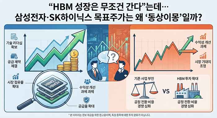 HBM 성장에 따른 반도체 양사의 주가 전망 차이를 표현한 인포그래픽.