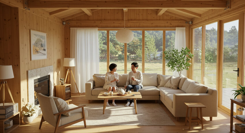 경량 목조주택 거실에서 대화를 나누고 있는 부부