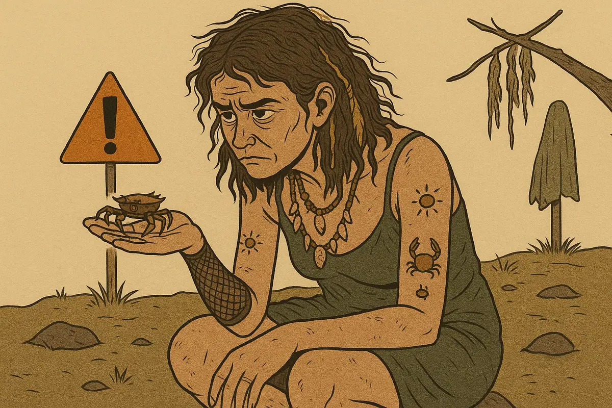 게를 들고 우울해하는 여성의 일러스트