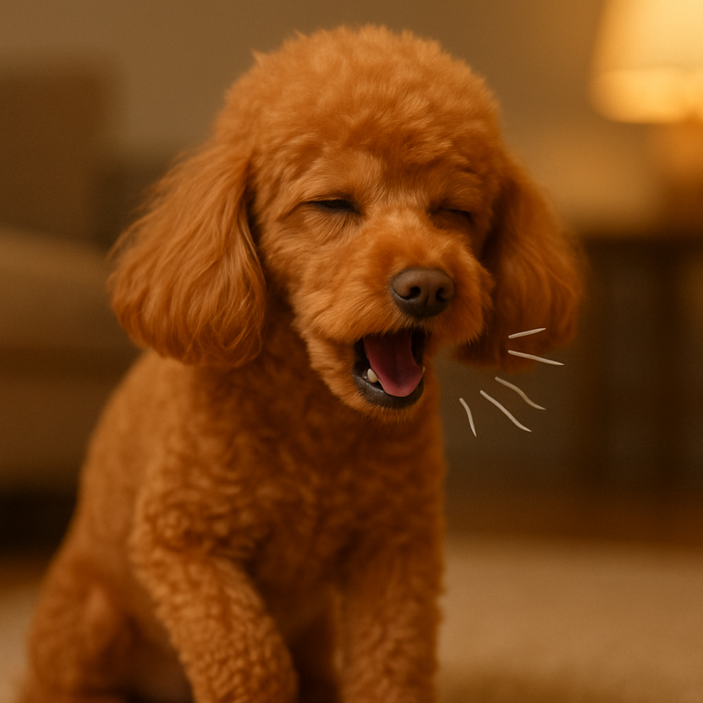 갈색-푸들-강아지가-힘들게-기침하고-있음