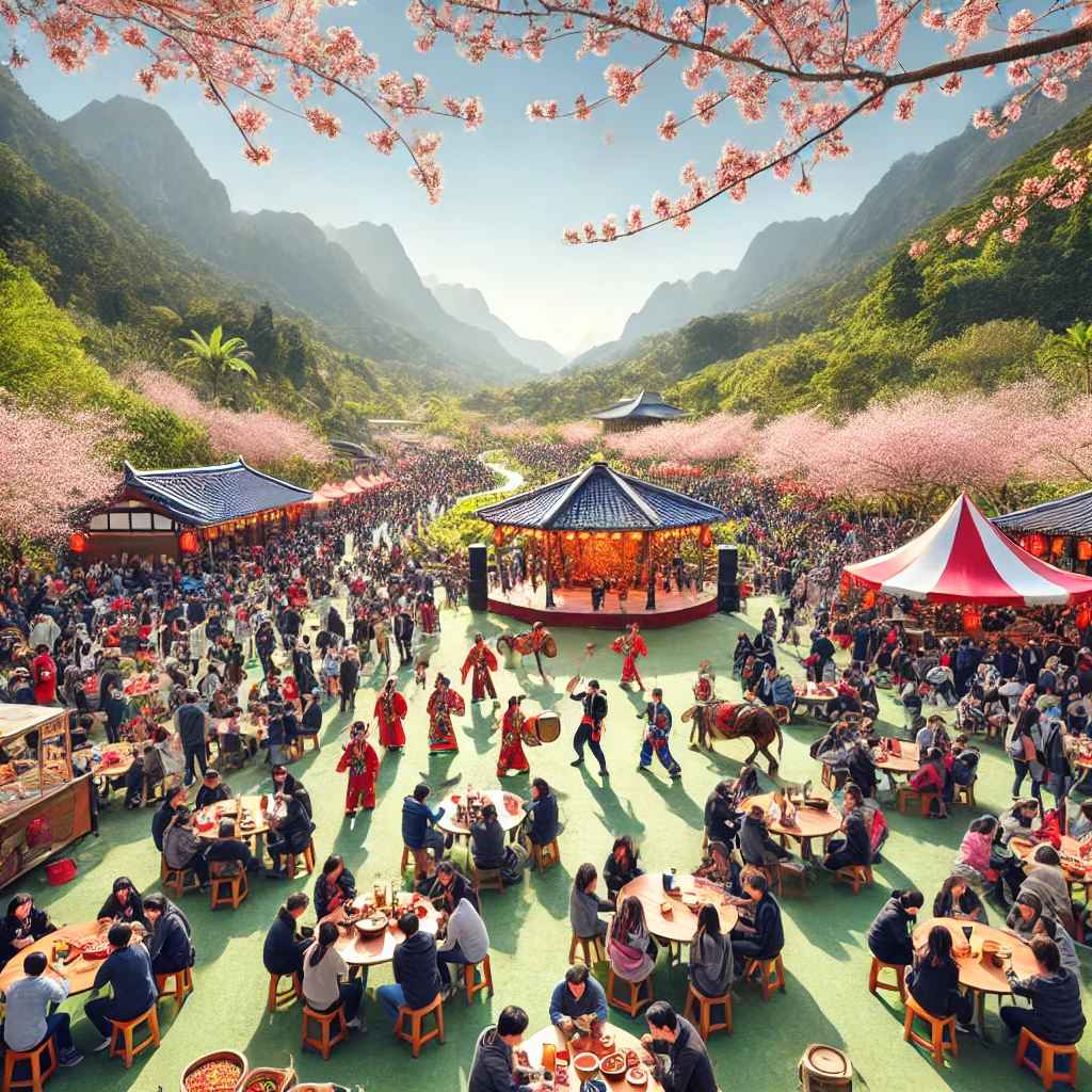 벚꽃이 만발한곳에 사람들이 모여 축제를 즐기고 있는 사진