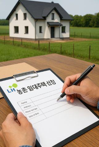 시골의 하얀 단독주택이 배경으로 보이고, 앞에서 한 사람이 ‘LH 농촌 임대주택 신청서’를 작성하는 장면