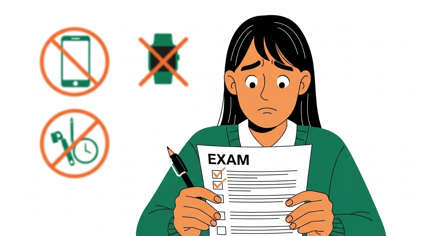 수험생이 수능 유의사항 목록을 꼼꼼히 확인하고 있다. 휴대폰 등 반입 금지 물품이 흐릿하게 배경에 나타나 주의를 강조한다.