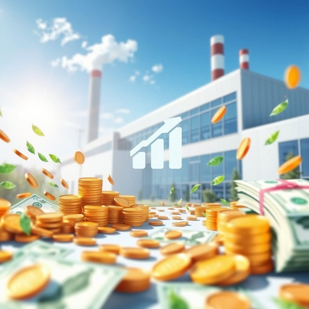 동전이나 돈다발 이미지가 특정 기업 로고(가상)나 공장 건물 이미지 쪽으로 흘러들어가는 모습을 그립니다. 기업 이미지는 활기차게 성장하는 모습으로 표현하며, 정치 자금이 성장의 밑거름이 되는 듯한 연출을 사용합니다. (오해의 소지가 없도록 상징적으로 표현)