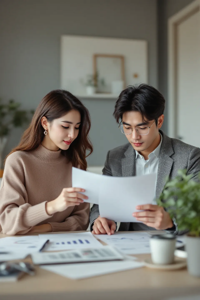 젊은-부부가-테이블에-앉아-서류를-보고-있음