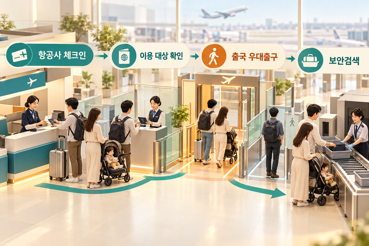 항공사 체크인과 대상 확인을 거쳐 출국 우대출구와 보안검색으로 이동하는 순서