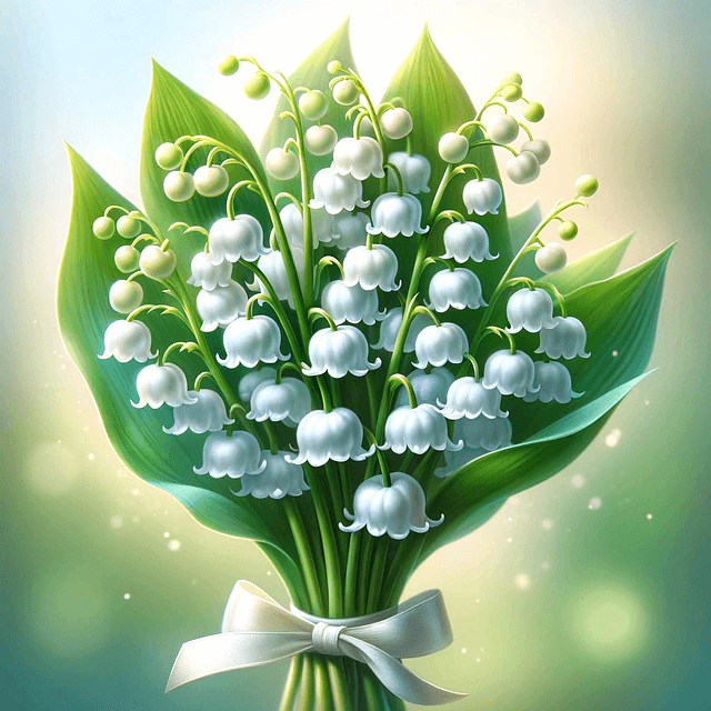 아주 작은 하얀색 은방울꽃들이 수십개나 핀 꽃다발이 있다. 초록색 잎은 매우 크고 넓다.