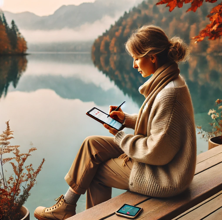 여행중 탭으로 정보검색하는 중년 여성 이미지