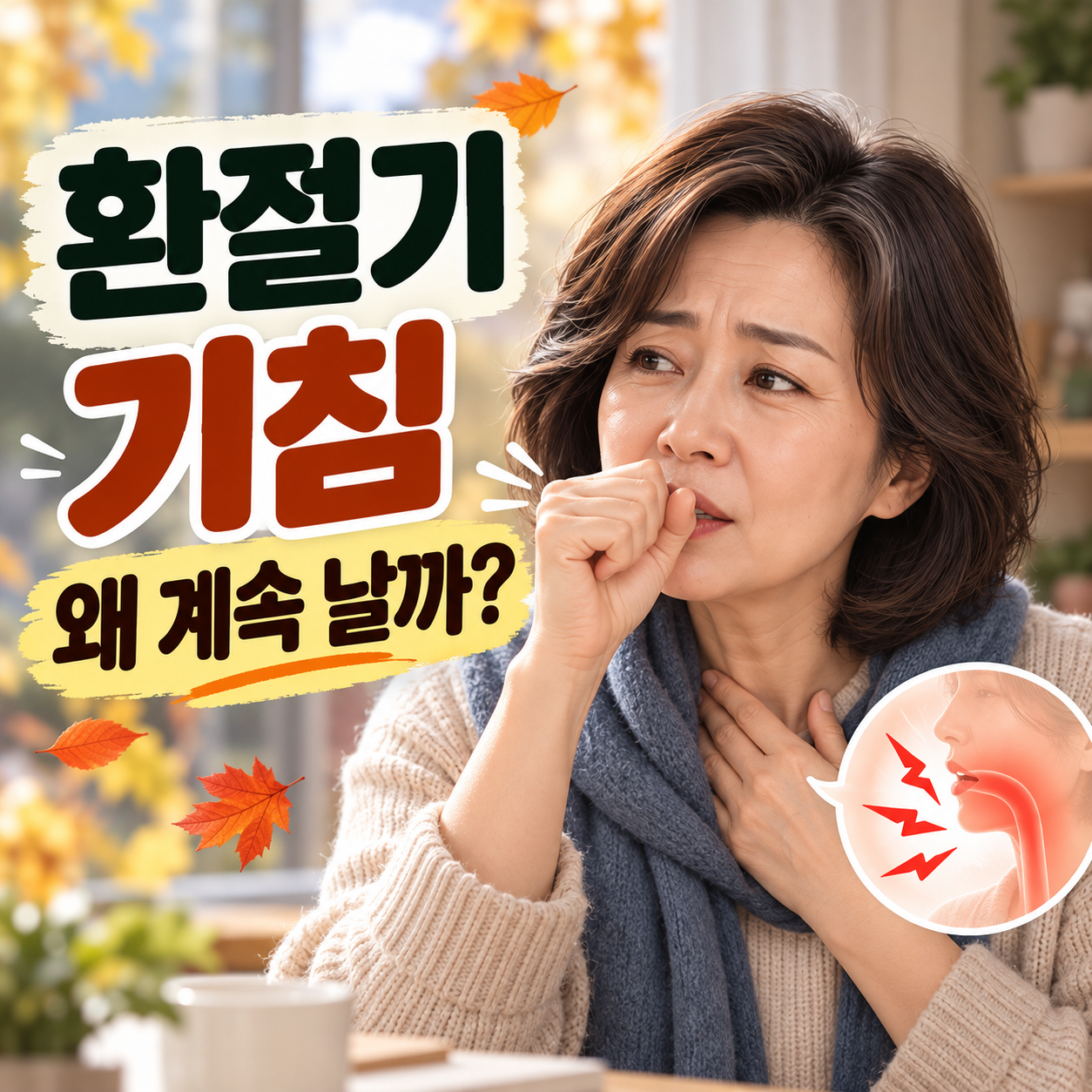 환절기 기침이 계속되는 이유를 궁금해하는 중년 여성