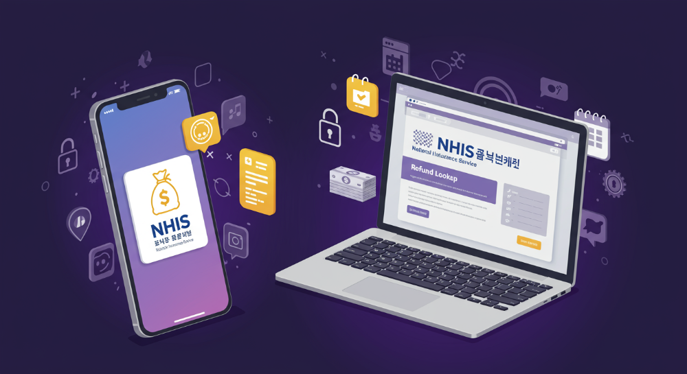 국민건강보험 환급금을 모바일 앱과 PC 홈페이지로 간편하게 조회하고 신청하는 과정을 보여주는 이미지.