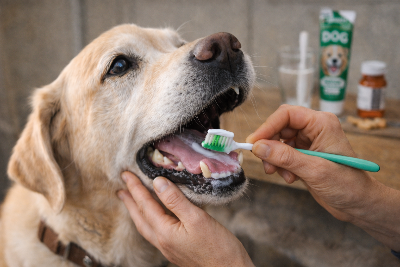 강아지 양치하는 사진