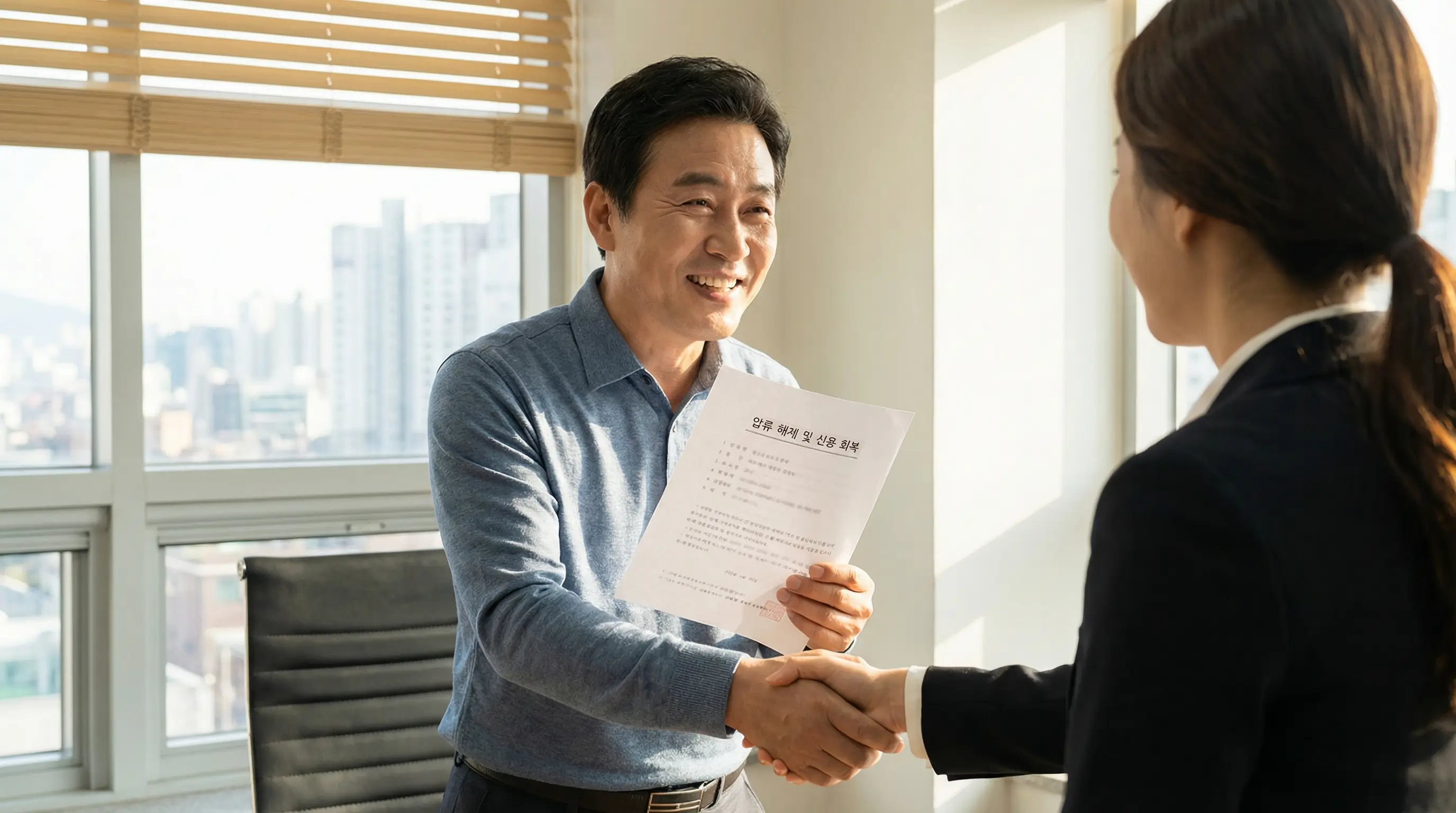 법률 전문가와 상담하여 압류 문제를 해결하고 다시 평범한 금융 생활로 돌아가는 안도감 넘치는 모습