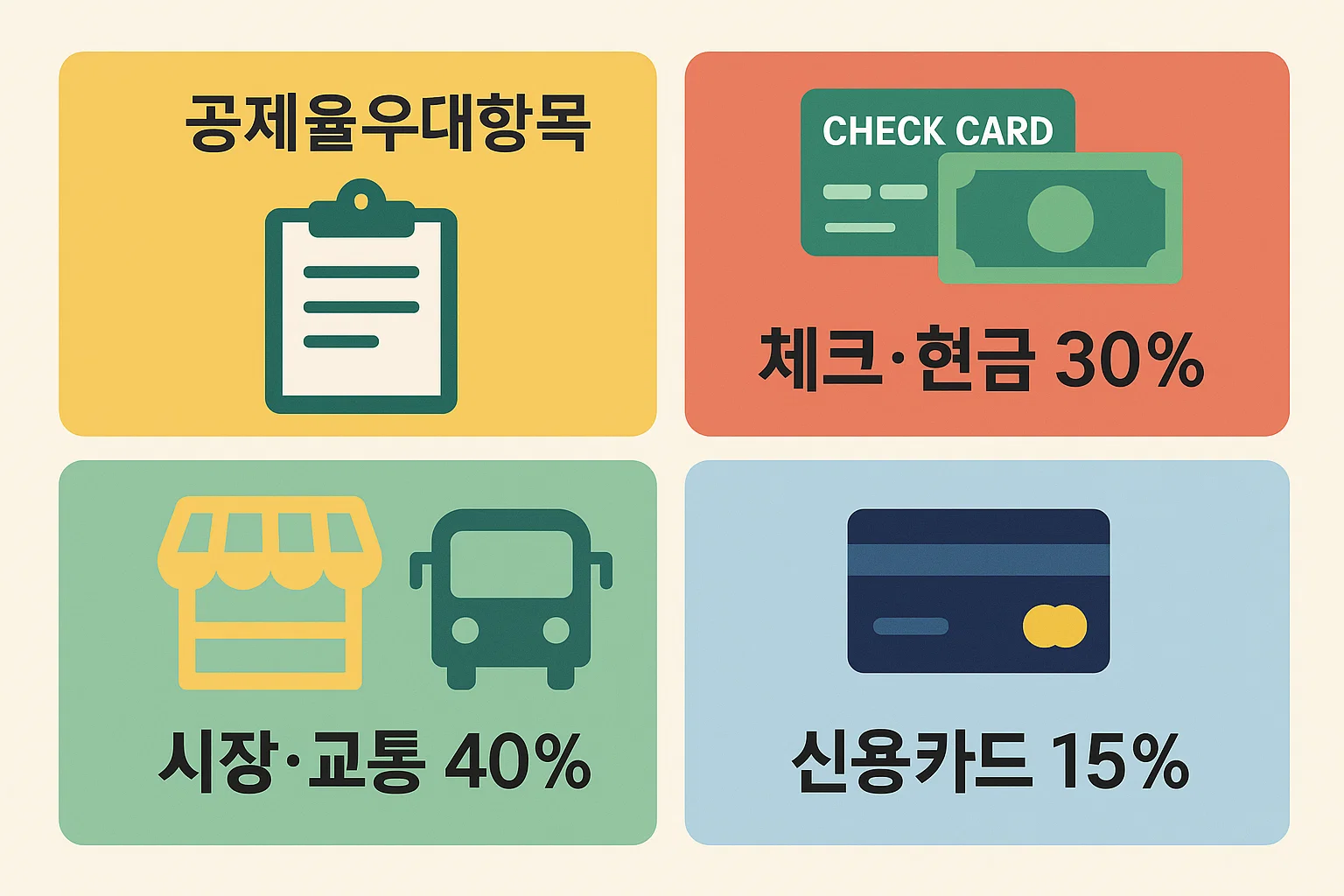 신용카드&middot;체크카드&middot;현금영수증&middot;전통시장&middot;대중교통 등 공제율 15%~40% 구간별 우대항목을 정리한 인포그래픽