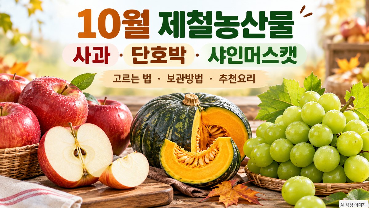 10월 제철농산물 사과&middot;단호박&middot;샤인머스캣과 고르는 법&middot;보관방법&middot;추천요리를 소개하는 이미지