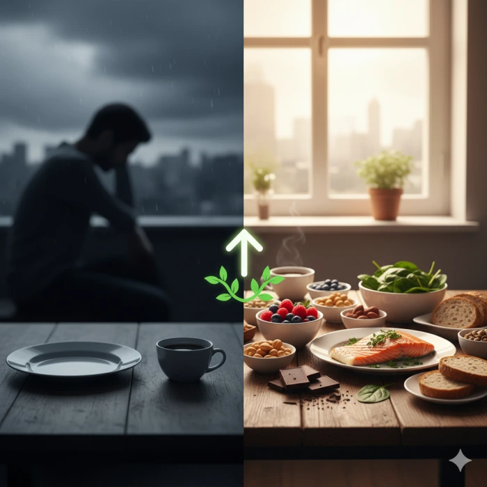어두운 분위기의 빈 접시와 대비되어 베리류, 견과류, 다크 초콜릿, 연어, 채소 등 기분 전환에 좋은 다채롭고 신선한 음식들이 풍성하게 차려진 식탁 이미지.