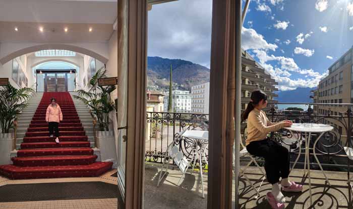 로맨틱한 J5 호텔 헬베티 몽트뢰 (J5 Hotels Helvetie Montreux)의 입구 계단, 객실 창에서 보이는 정원과 레만호 풍경