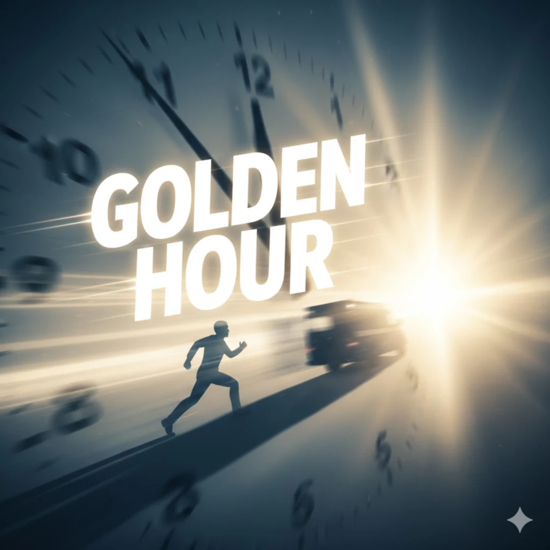 시계 바늘이 빠르게 돌아가는 듯한 배경에 '골든타임'이라는 영어 글자가 크고 밝게 강조됩니다. 그 아래로 신속하게 의료기관으로 향하는 듯한 사람의 실루엣이나, 빠르게 달려가는 구급차를 연상시키는 이미지를 배치합니다. 전반적으로 역동적이고 긴급한 느낌을 주며, 희망을 상징하는 밝은 빛을 활용합니다.