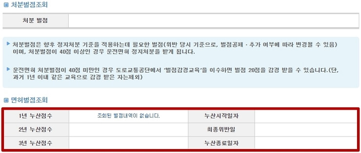 처분벌점 및 면허 벌점 조회
