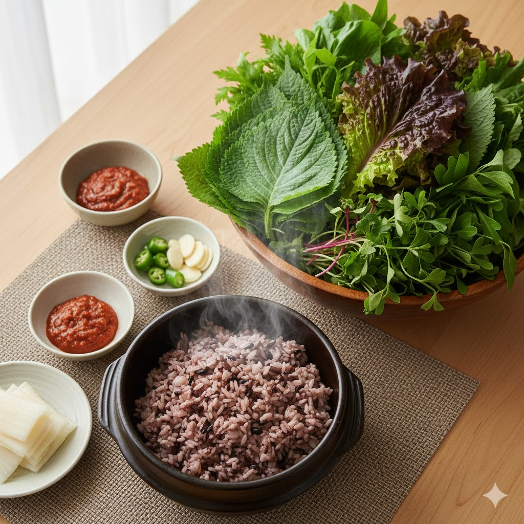 김이 모락모락 나는 잡곡밥과 신선한 쌈 채소가 가득한 밥상 사진