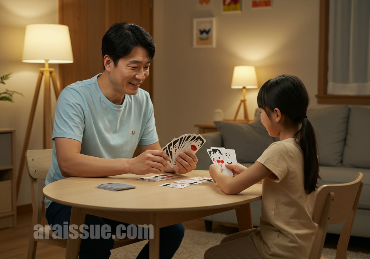 카드로 감정 표현 연습하는 부모와 아이