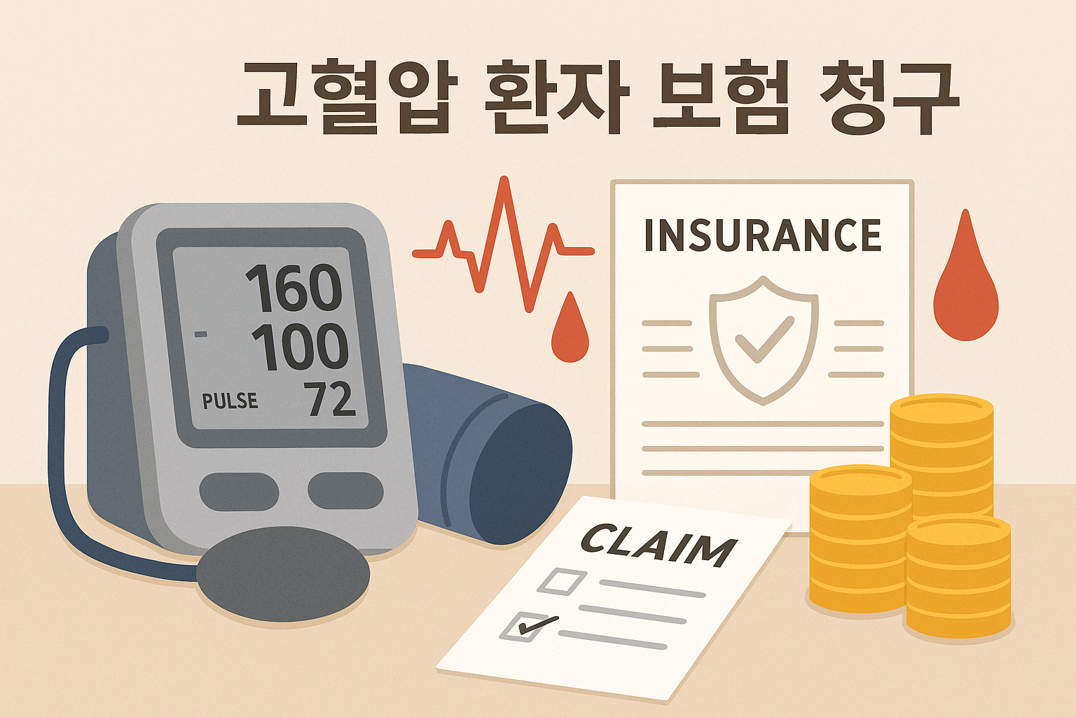 고혈압 환자 보험 청구 관련 자료, 혈압계 수치와 보험 서류, 청구서, 동전이 함께 표현된 일러스트