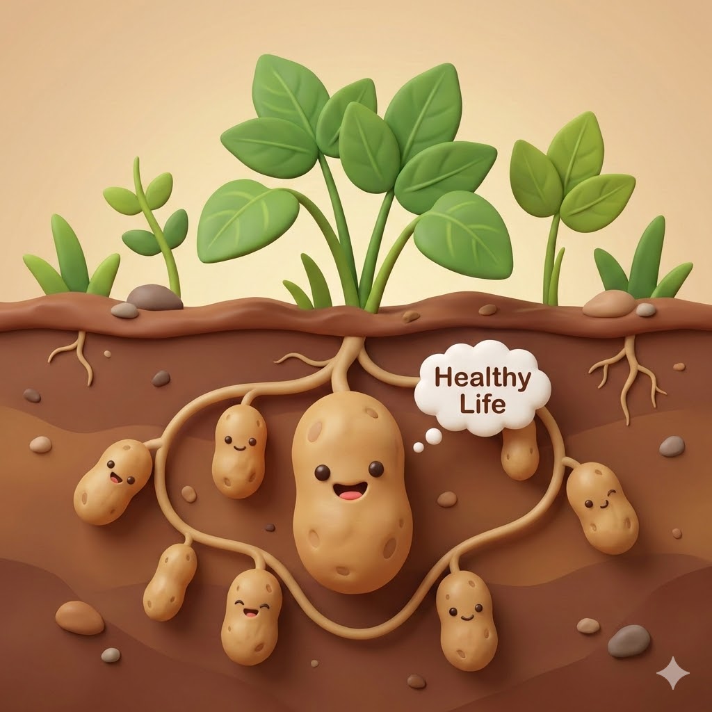 땅속에서 귀엽게 자라나는 인디언 감자 캐릭터가 건강한 삶을 상징하는 밝은 표정을 짓고 있는 3D 카툰 일러스트.
