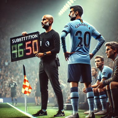 축구 라인에서 열정적으로 지시하는 펩