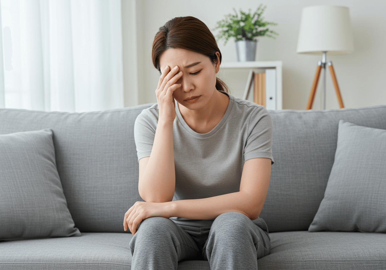 거실 소파에서 이마를 짚고 피곤함을 느끼는 30대 여성
