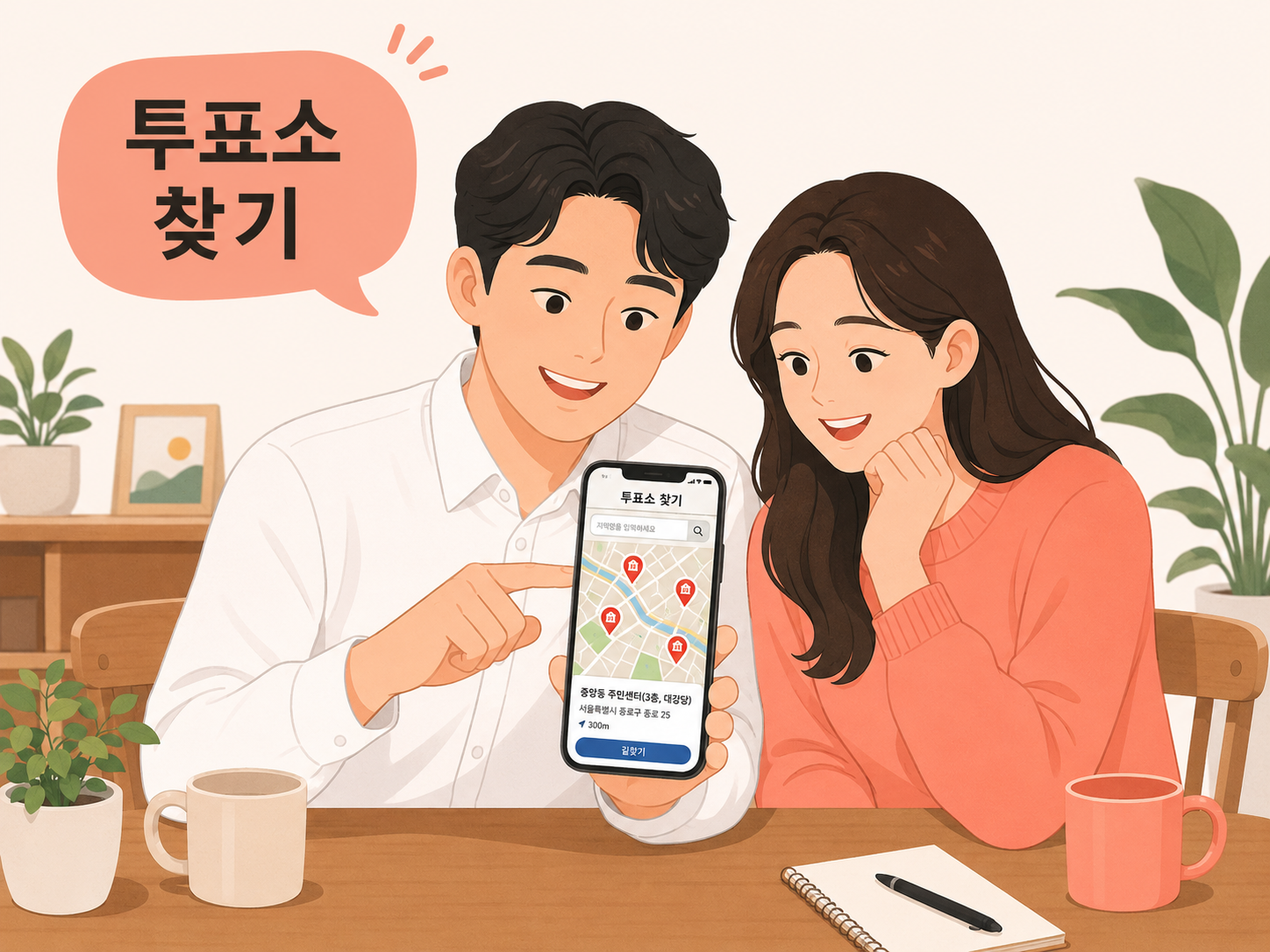 스마트폰으로 주변 투표소 위치를 확인하고 소중한 주권을 행사하는 스마트 유권자 일러스트