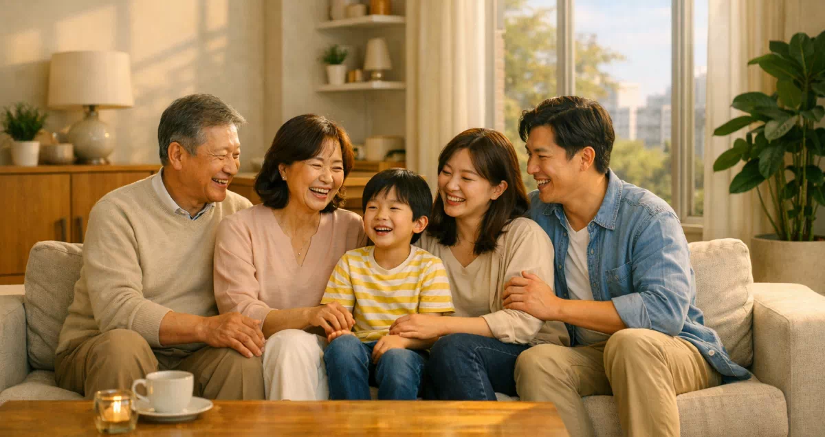 효도수당 신청 방법 대상인 3세대 가족이 햇살 비치는 거실에 모여 평온하게 대화하는 모습