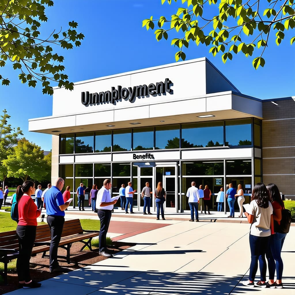 실업급여 지원 센터의 외부 전경, 사람들의 모습 포함.