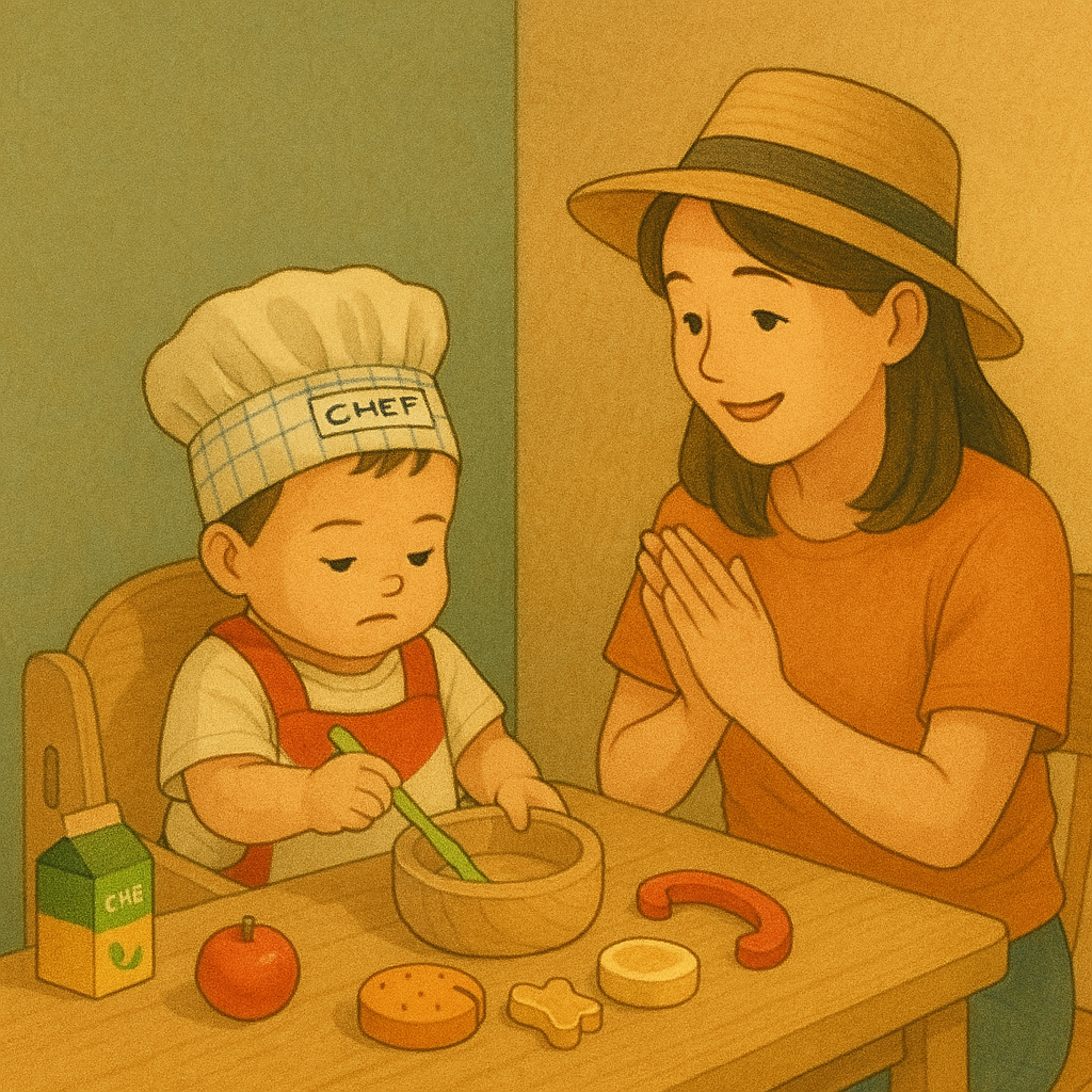 육아종합지원센터 운영 실내놀이터 역할놀이 부스에서 아기와 엄마가 놀이하고 있는 일러스트(출처: 본인사진 챗GPT 이미지 변환)