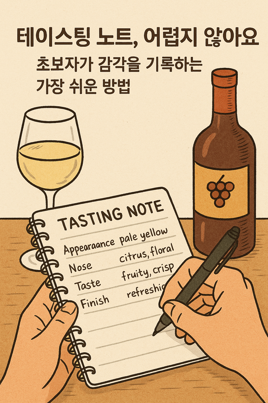 테이스팅 노트를 작성하는 사람의 손, 노트에 와인 향과 맛을 기록하며 와인잔과 병이 함께 놓여 있는 감성적인 장면