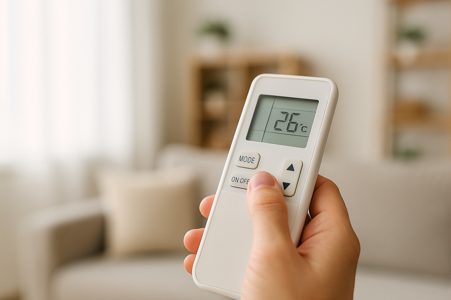 더운 방에서 작동하지 않는 에어컨을 보며 당황하는 사람