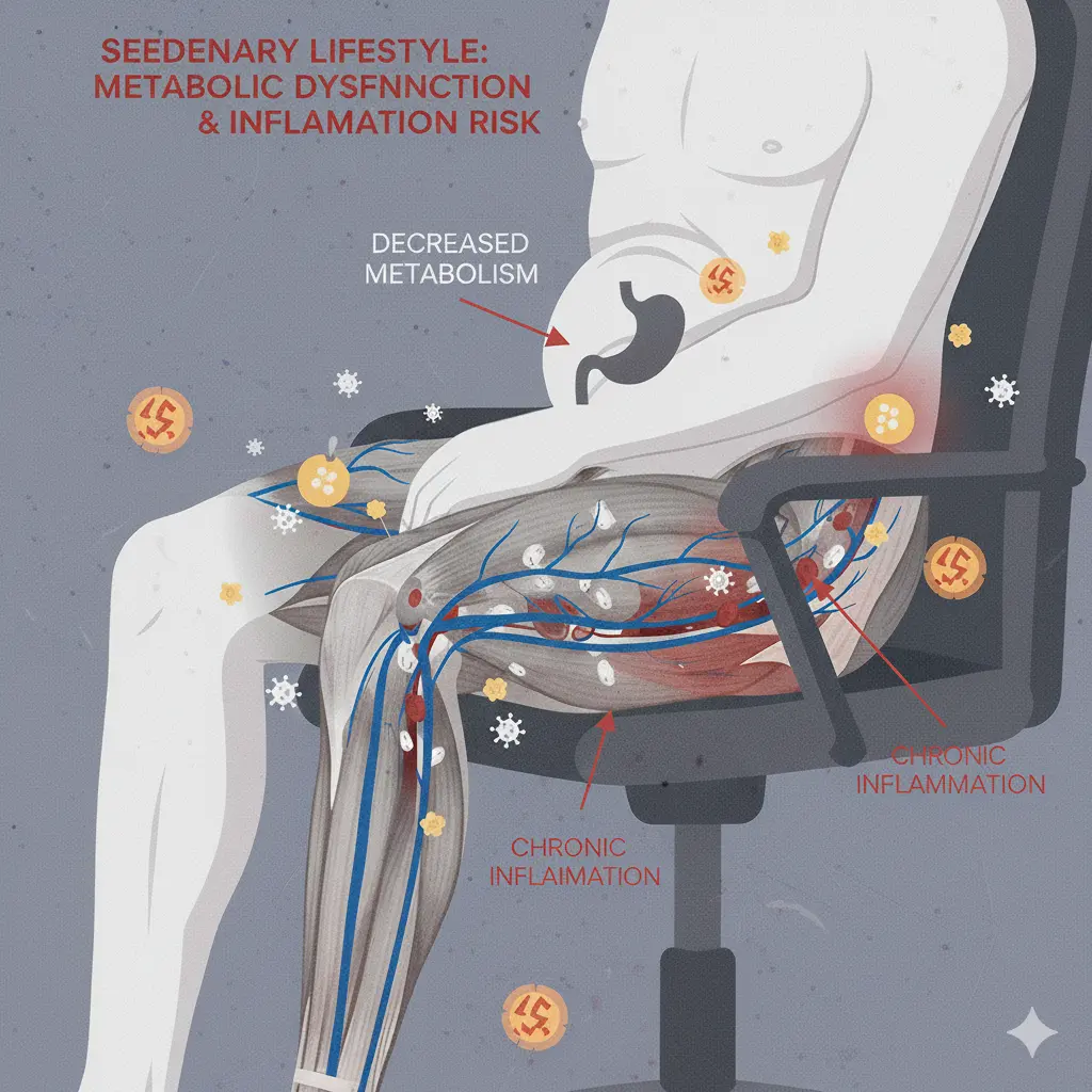 좌식 생활이 신체 대사와 순환을 떨어뜨려 염증을 높이는 위험성을 표현한 건강 개념 이미지